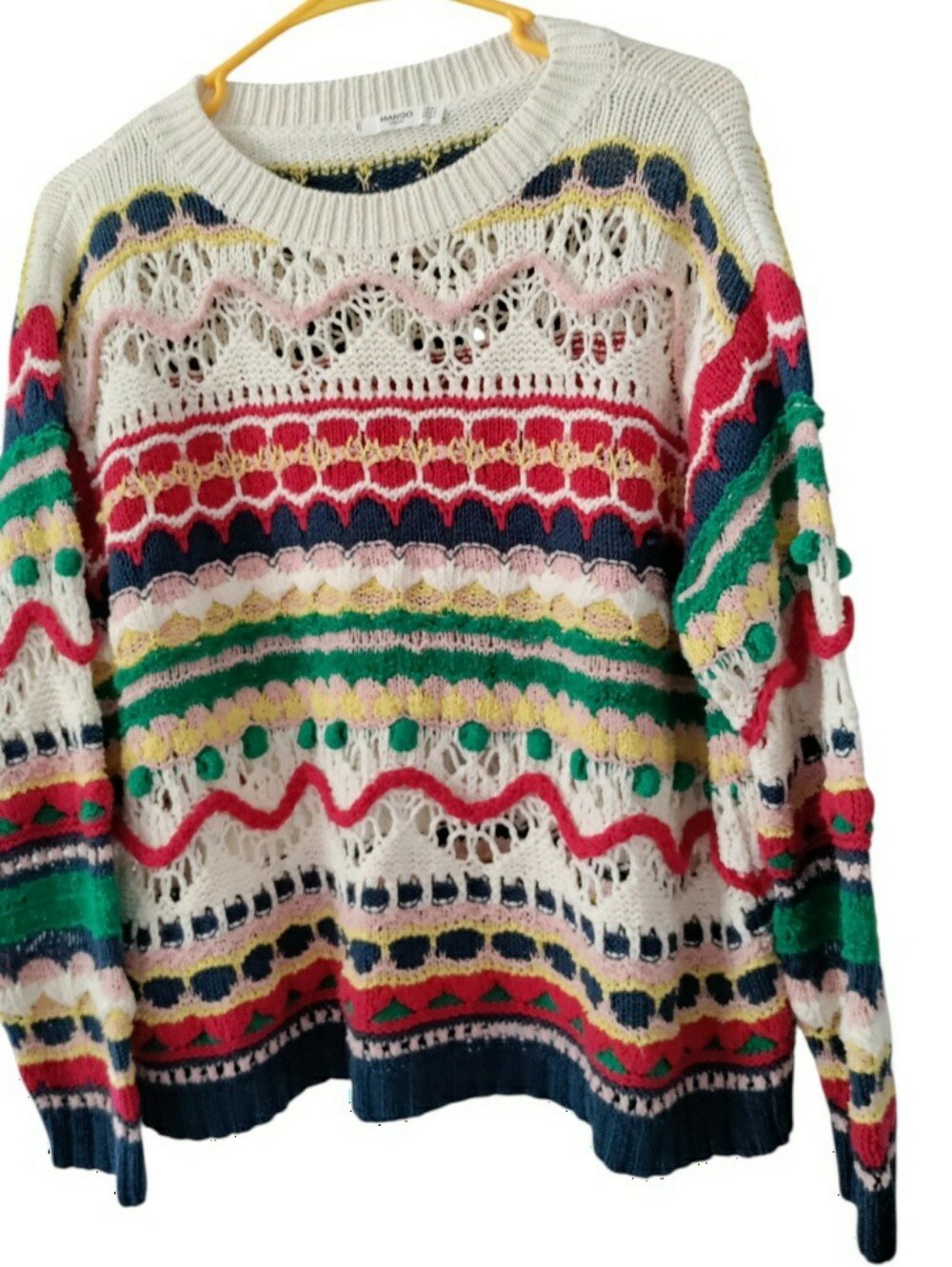 Mango Crochet Stripe Knit Sweater Boho Beachy Coogi Style Cotton - Picture 3 of 5